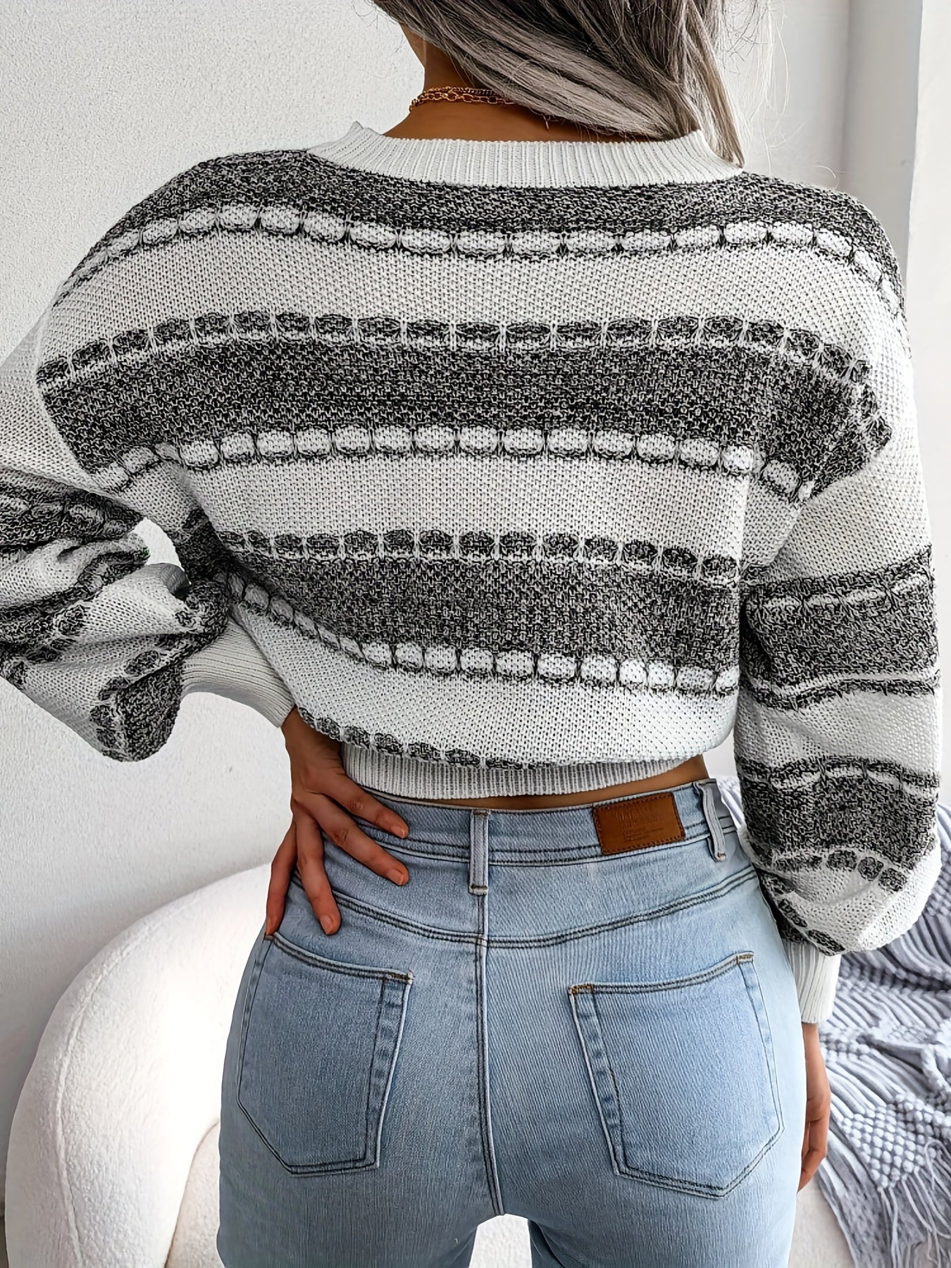 Cozy Striped Crew Neck Sweater - Soft Medium Stretch Acrylic Knit Fabric, High Elasticity, Casual Long Sleeve Loose Fit for Winter - Womens Clothing for Everyday Wear