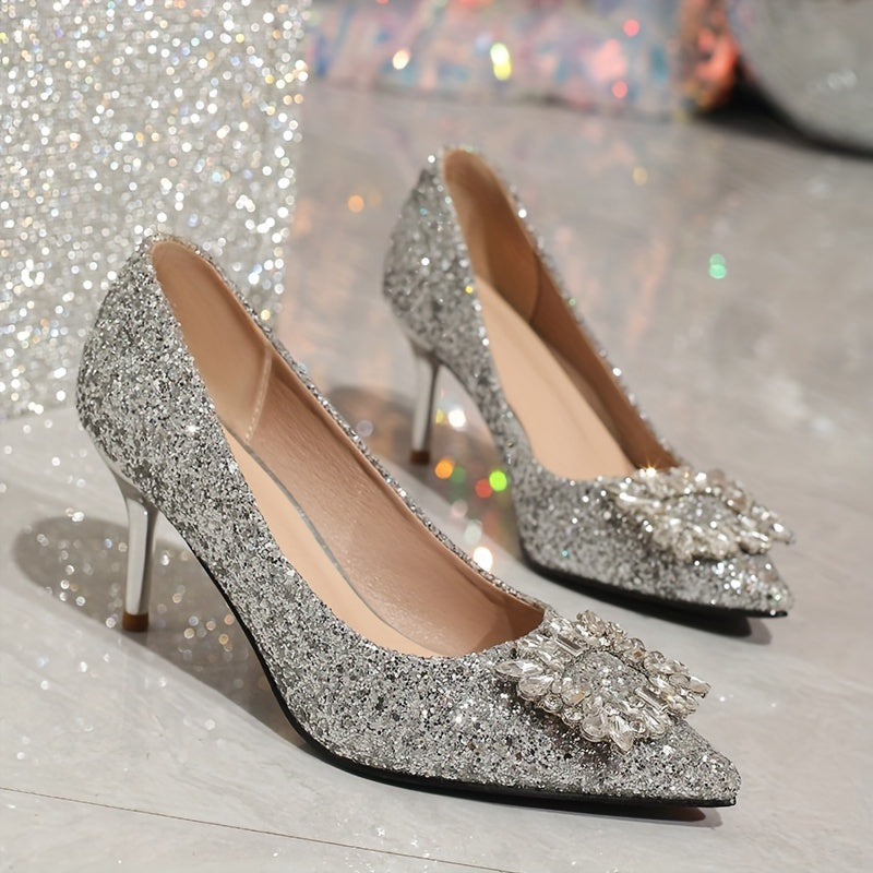 Glamorosos tacones altos con lentejuelas y diamantes de imitación para mujer: sexys zapatos de tacón de aguja con punta puntiaguda de estilo francés y cubierta sintética