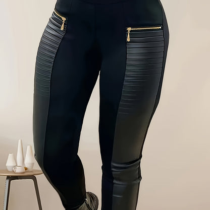 Chic High-Waist Skinny Pants with Faux Leather Zip Detail - Stretchy Patchwork, Long Pants