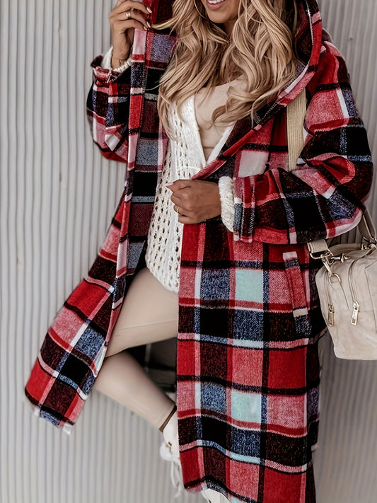 Plus Size Plaid Print Pocket Coat - Relaxed-Fit Casual Hooded Long Sleeve Outwear for Women - Perfect for Spring & Fall Transitional Seasons