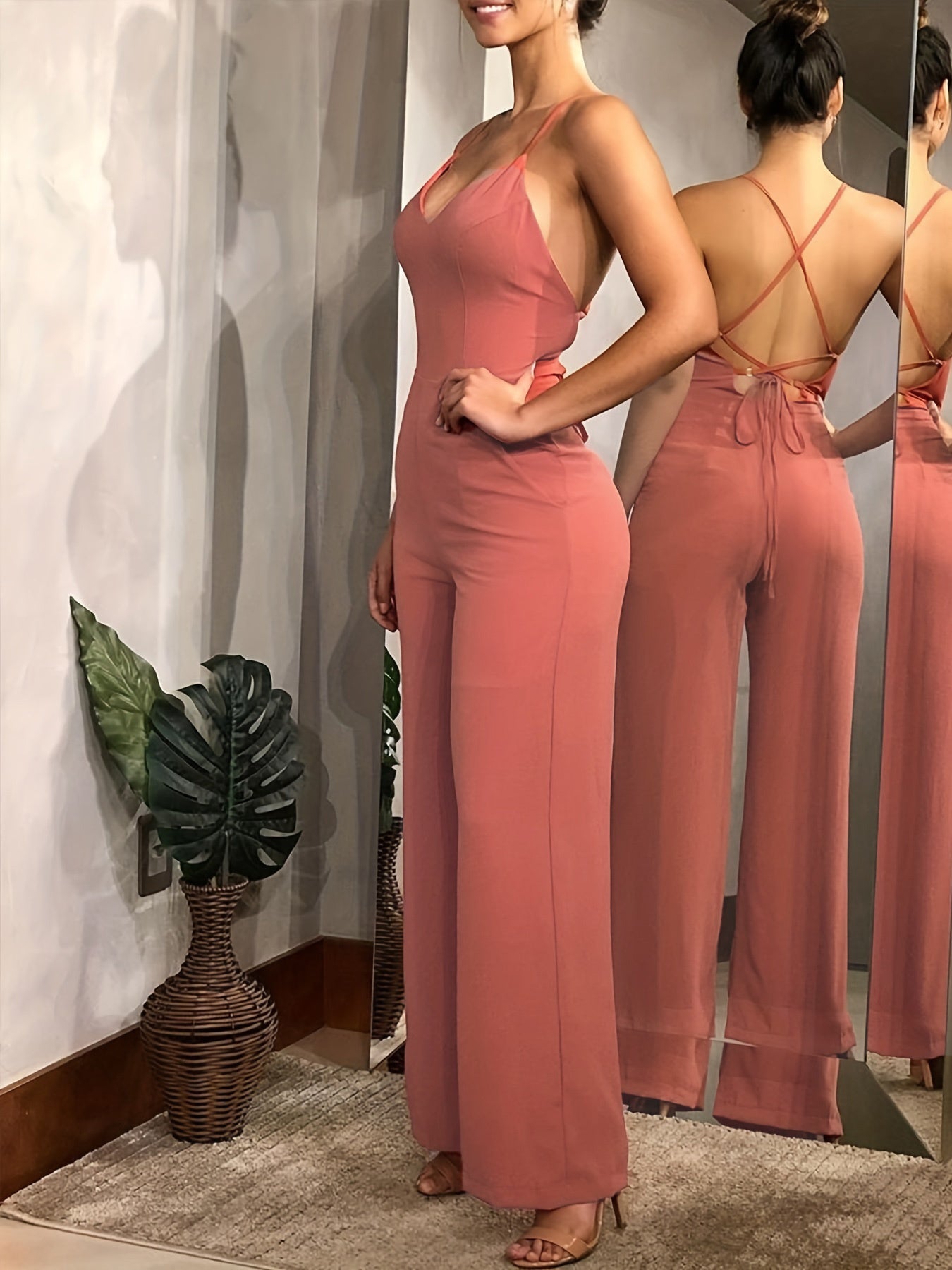 Mono elegante con escote en V y lazo en la espalda: estilo liso sin espalda favorecedor y sexy: perfecto para primavera y verano: un artículo imprescindible de moda femenina