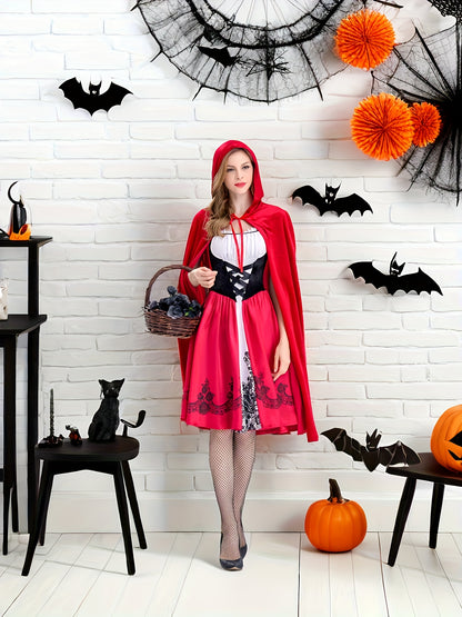 Women's Spooky Red Riding Hood Cosplay Dress - Long Sleeve, Flowy, Cape Cloak, Hooded, Zipper Back, High-Quality Costume Clothings for Halloween Party, Role-Playing, and Photography