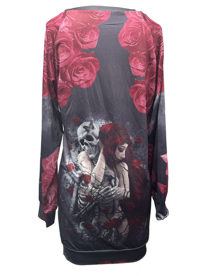 Chic Women's Knit Dress - V-Neck, Long Sleeve with Unique Skull & Rose Print, High Stretch Fabric, Machine Washable - Perfect for Spring/Summer/Fall