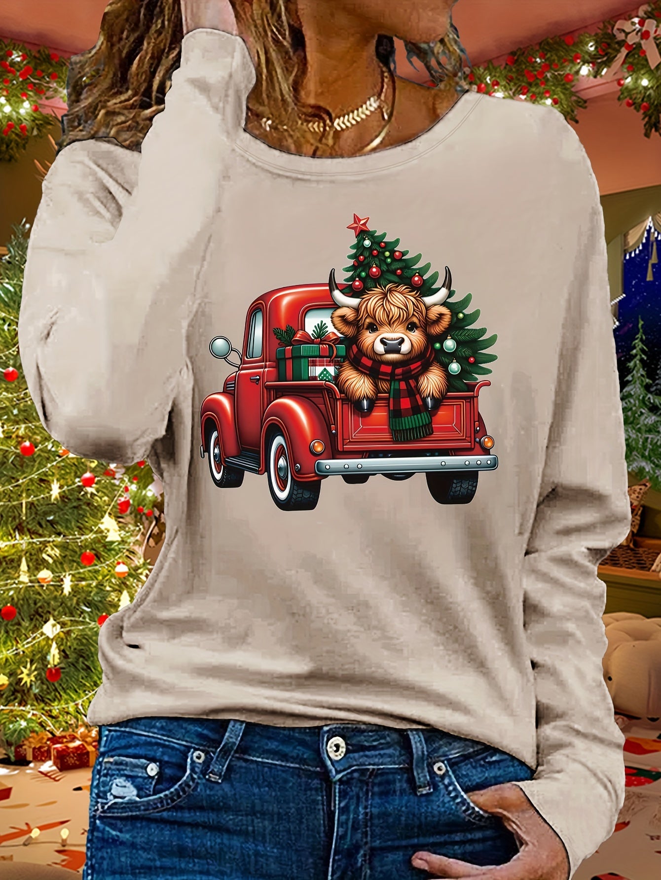 Sudadera informal con cuello redondo y apliques de oso navideño: tejido de punto 100 % poliéster con elasticidad media, jersey de manga larga para otoño