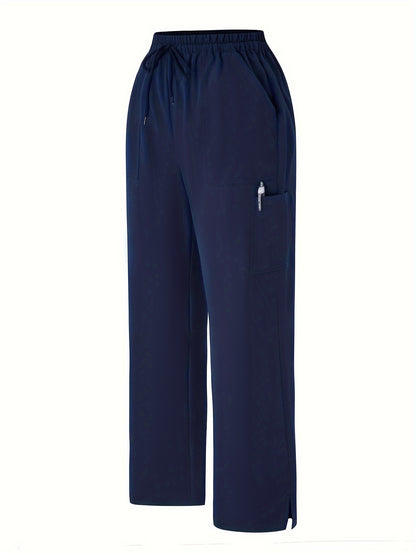 Comfortable Solid Color Drawstring Waist Scrub Pants - Functional Patched Pockets, Micro Elasticity, Machine Washable - Ideal Workwear for Doctors, Nurses, Physicians, Dentists, and Women Professionals