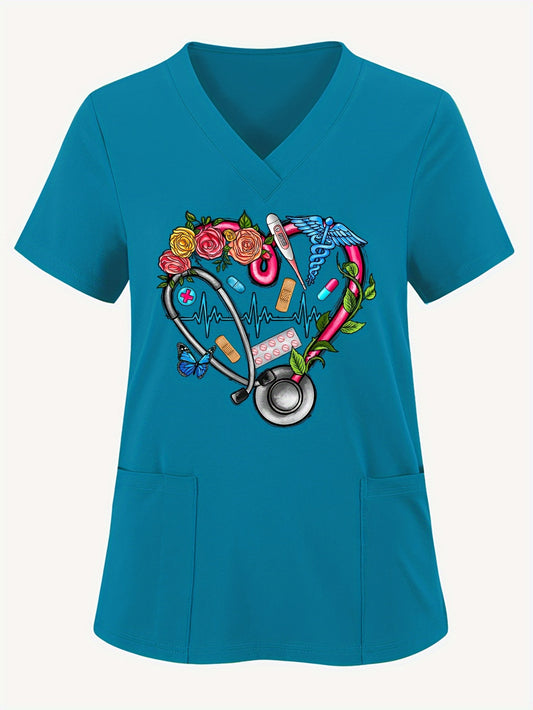 Stylish Heart Print V-Neck Scrub Top - Elegant Patched Pockets, Short Sleeve, Comfortable Fabric, Relaxed Fit Nurse Uniform for Women - Perfect for Medical Professionals and Everyday Wear