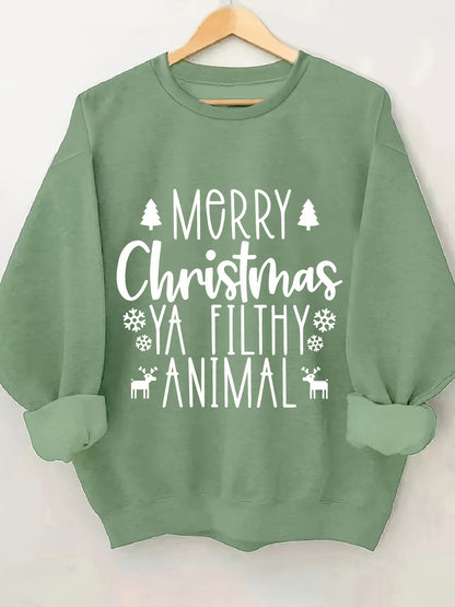 Cozy Holiday Graphic Sweatshirt for Women - Soft 100% Polyester Knitted Fabric, Long Sleeve Comfort Fit, Relaxed Crew Neck, Vibrant 'Merry Christmas Ya Filthy Animal' Print, Perfect for Fall and Winter Season Casual Wear