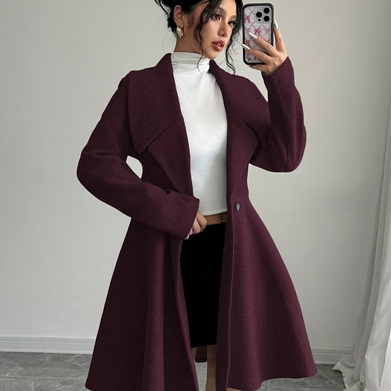 1pc Elegant Women'S Solid Color Stand Collar Long Sleeve Double-Breasted Coat, Polyester Woven Fall/Winter Outerwear with Button Detail