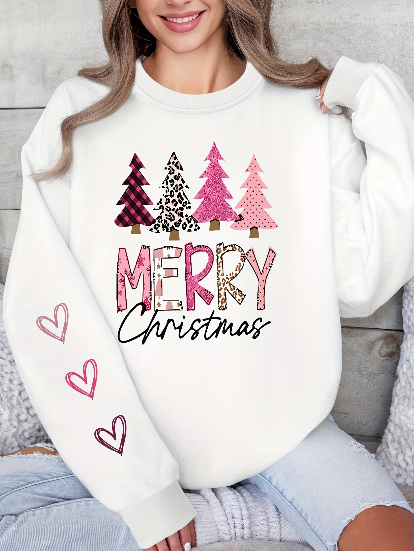 Women'S Festive Christmas Sweatshirt, Casual Pullover Crew Neck, Knit Polyester Fabric, Holiday Fashion Hoodie, Merry Christmas Tree Design, Spring/Summer/Autumn Season