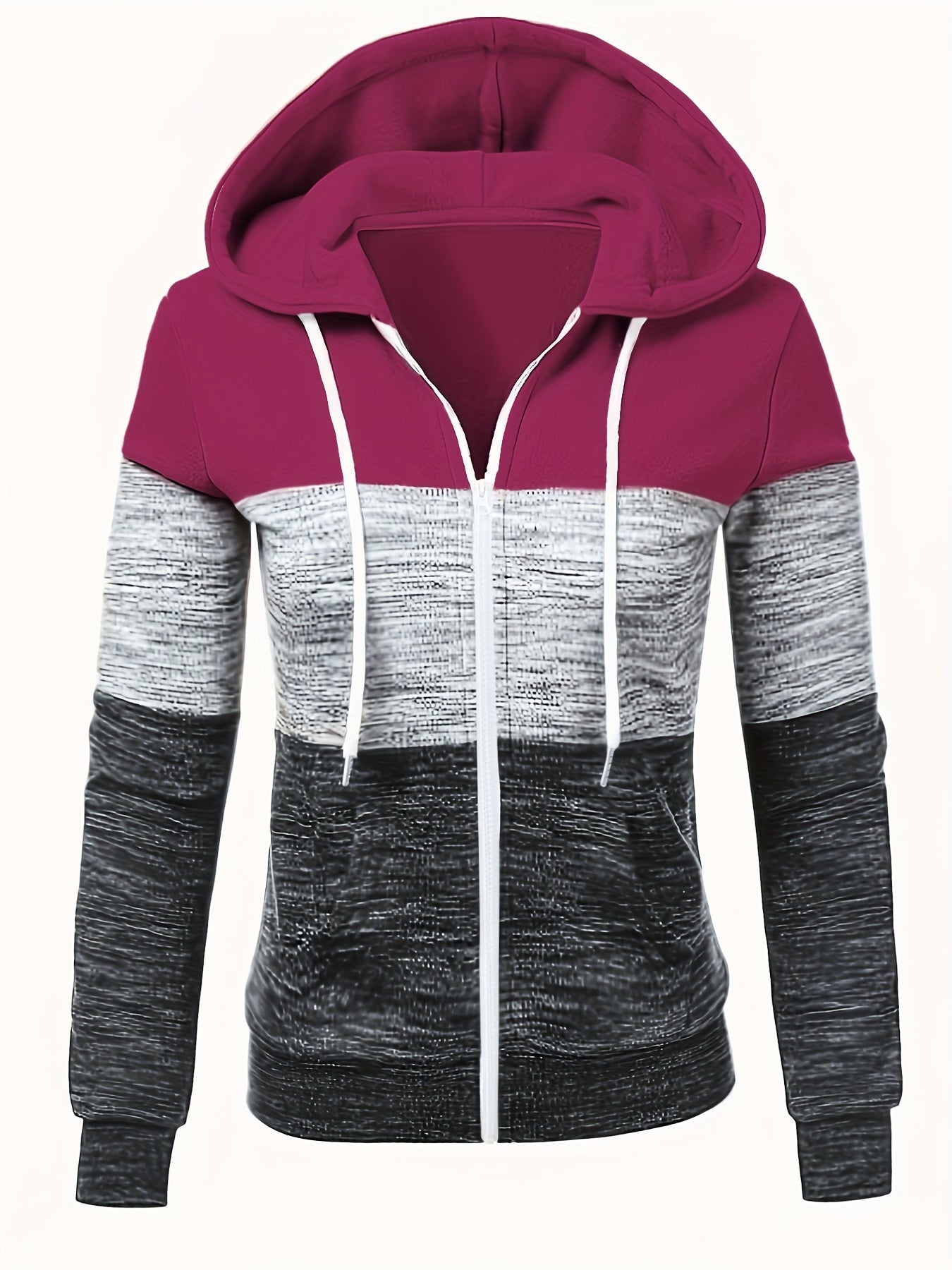 Sudadera con capucha y cremallera para todas las estaciones para mujer: sudadera informal de punto de manga larga con diseño de bloques de colores moderno