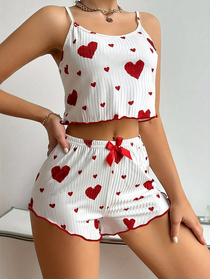 Adorable Heart Print Casual Short PajamaSet