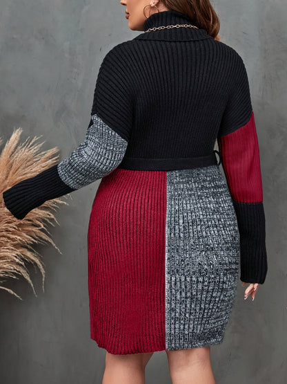 Women'S Long-Sleeve Turtleneck Top, Color-Blocked Casual Dress, Plus-Size Sweater Dress