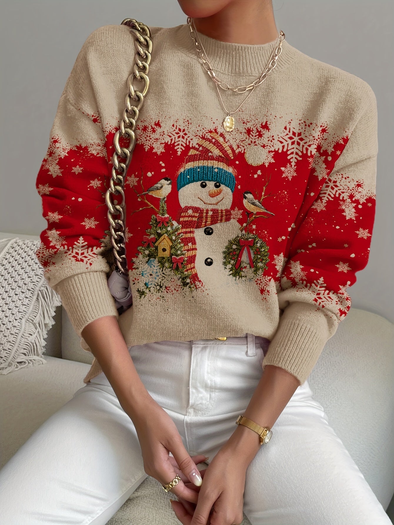 Cozy Winter Essential: Women's Snowman Pattern Crew Neck Long Sleeve Sweater for Fall & Winter