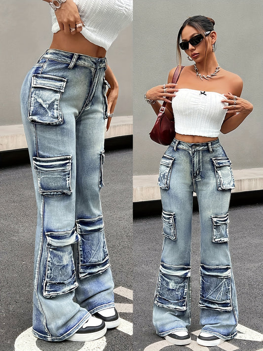 Plain Washed Blue Flare Leg Side Flap Pocket Streetwear Loose Fit Cargo Jeans Denim Pants, Women's Denim Jeans & Clothing