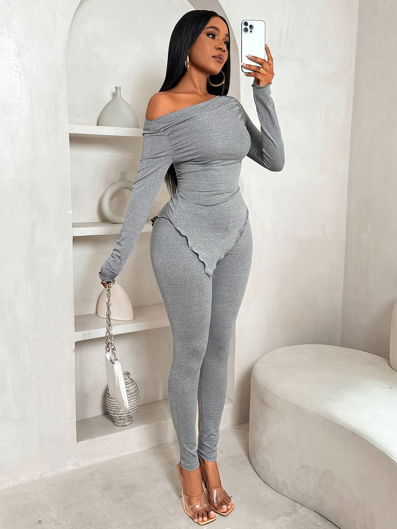 Elegant Off-Shoulder Asymmetrical Hem Long Sleeve Top and Leggings Set for Women, Chic Outfit