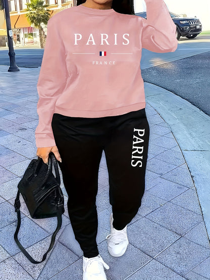 Cozy Paris Letter Print Sweatshirt and Pants Set for Women - Soft Knitted Fabric, Stretchy Polyester, Round Neck, Casual Sports Outfit for Autumn/Winter - Perfect for Lounging, Jogging, or Daily Wear