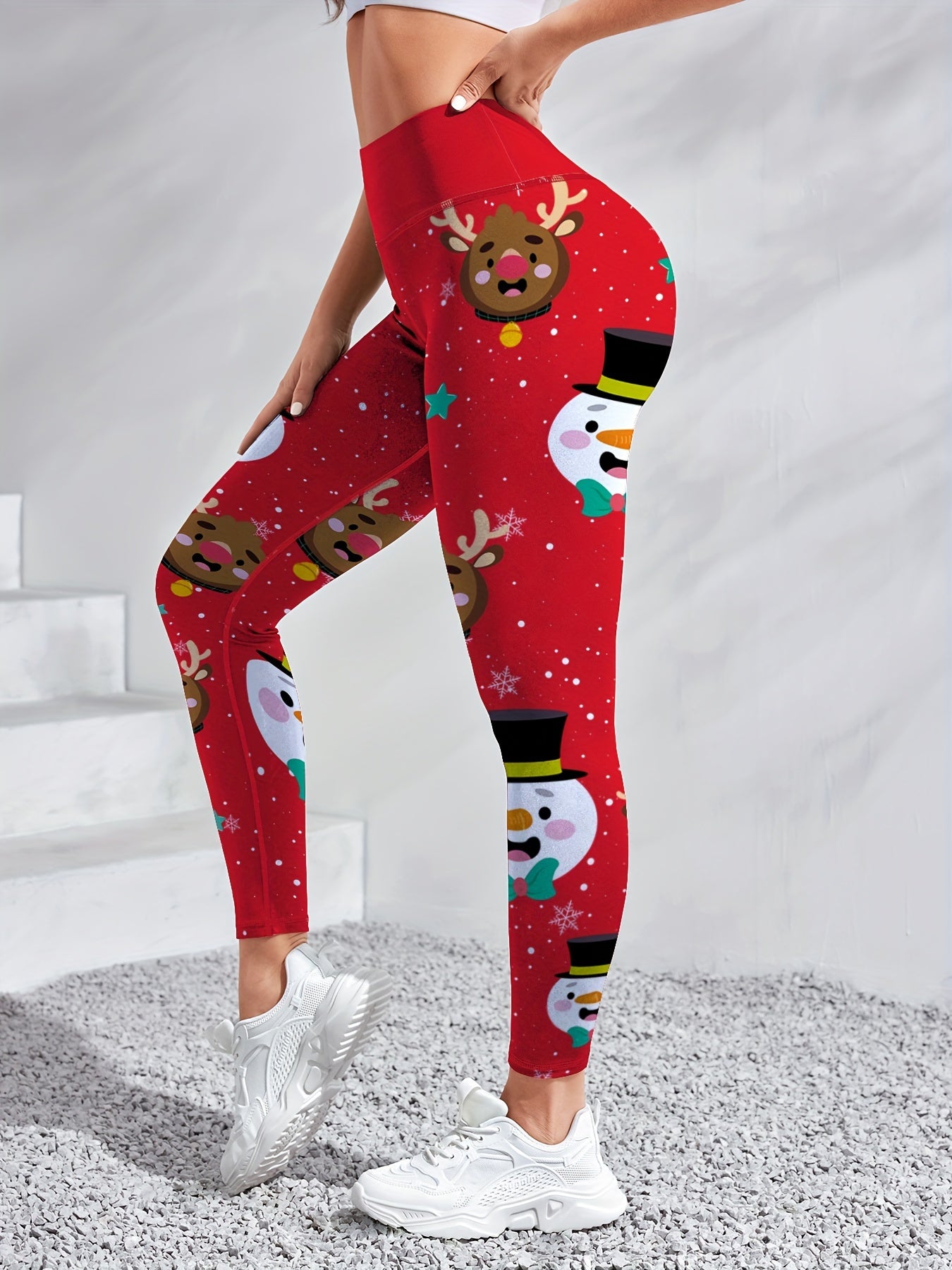 Women'S High-Waisted Yoga Leggings, Christmas Cartoon Snowman & Reindeer Print, Quick-Dry Breathable Fabric, Stretchy Polyester, Color Block Detail, Regular Fit, All-Season Fitness Wear