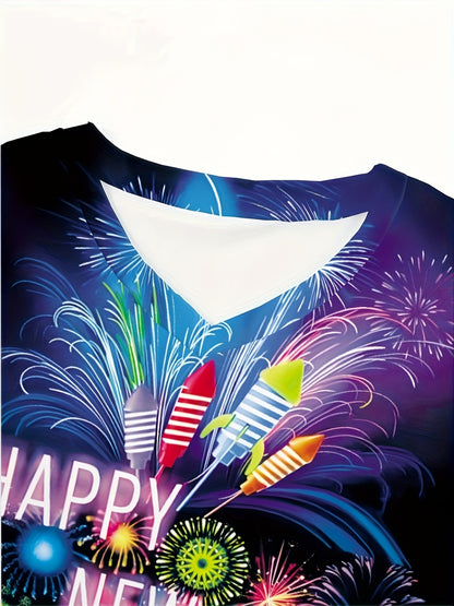 Women's Fashion V-Neck Short Sleeve Top with Pockets - Happy New Year Fireworks Design, Comfortable & Stretchy Polyester Blend, Machine Washable