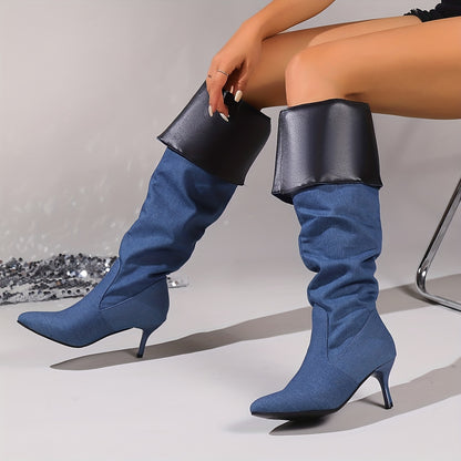 Women's Denim Stiletto Long Boots, Folding Design Slouch Knee High Boots, Fashion Slip On High Heeled Boots - LuxyXO