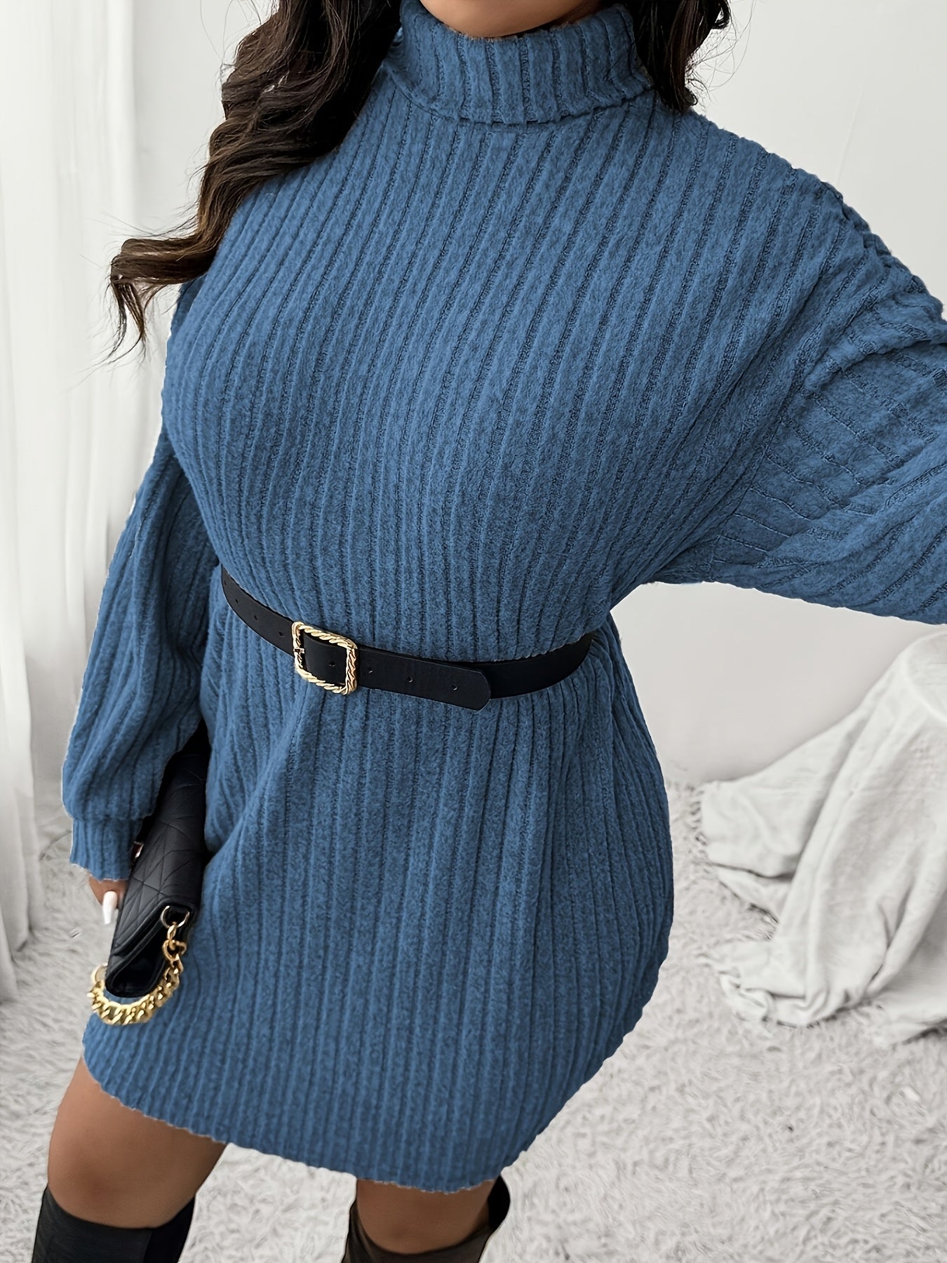 Women'S Plus Size High Neck Rib-Knit Knit Dress, Casual Long Sleeve Knee-Length Pullover