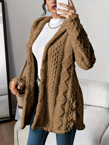 Button Front Hoodie Teddy Coat, Casual Long Sleeve Textured Fluffy Coat For Fall & Winter, Women's Clothing