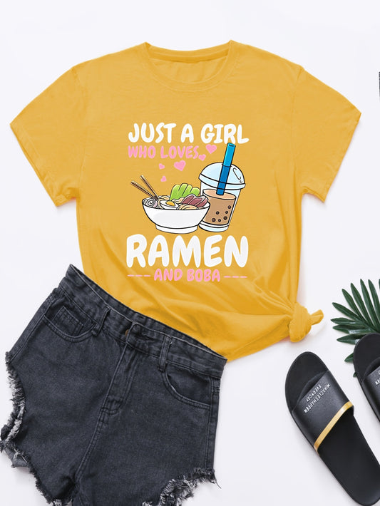 Vibrant Ramen Print Crew Neck Tee - Soft, Breathable, Casual Short Sleeve Top for Spring & Summer - Women's Relaxed Fit Clothing for Everyday Wear