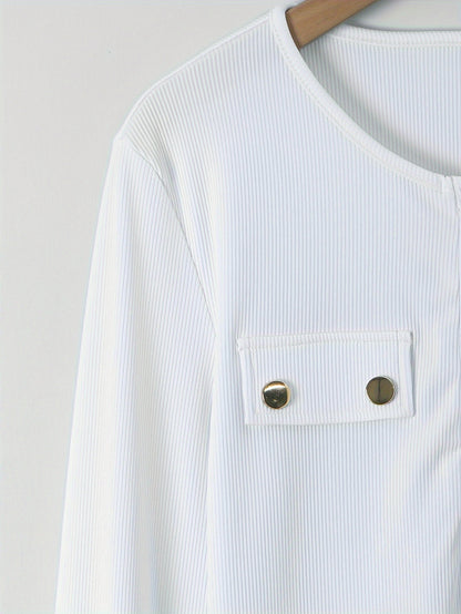 Chic Spring/Summer Women's Knit Sweater - Casual Solid Color with Button Detail, Long Sleeve, Round Neck, Machine Washable