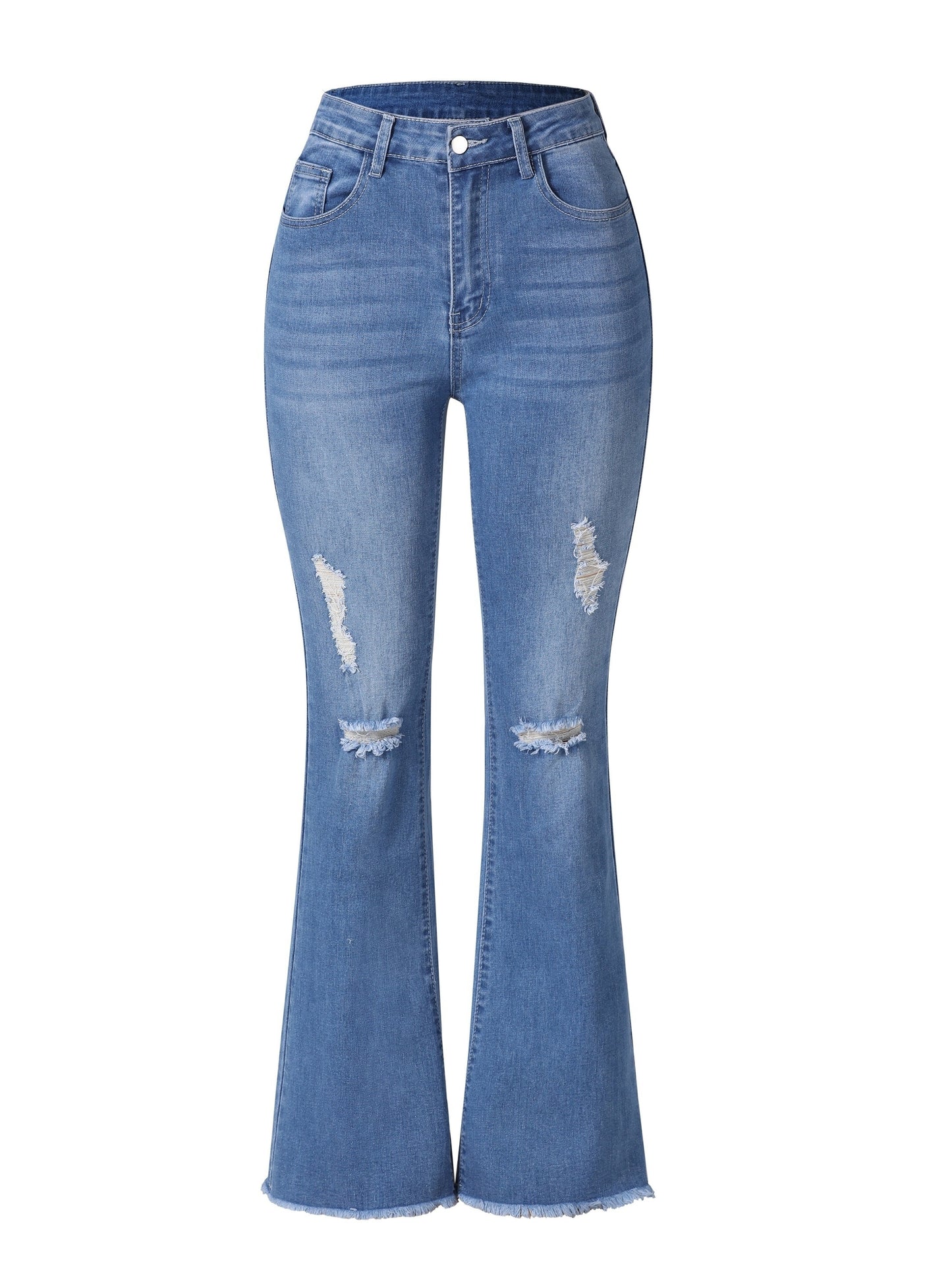 High-Waist Flared Jeans for Women - Elegant Ripped Detail, Frayed Hem - LuxyXO