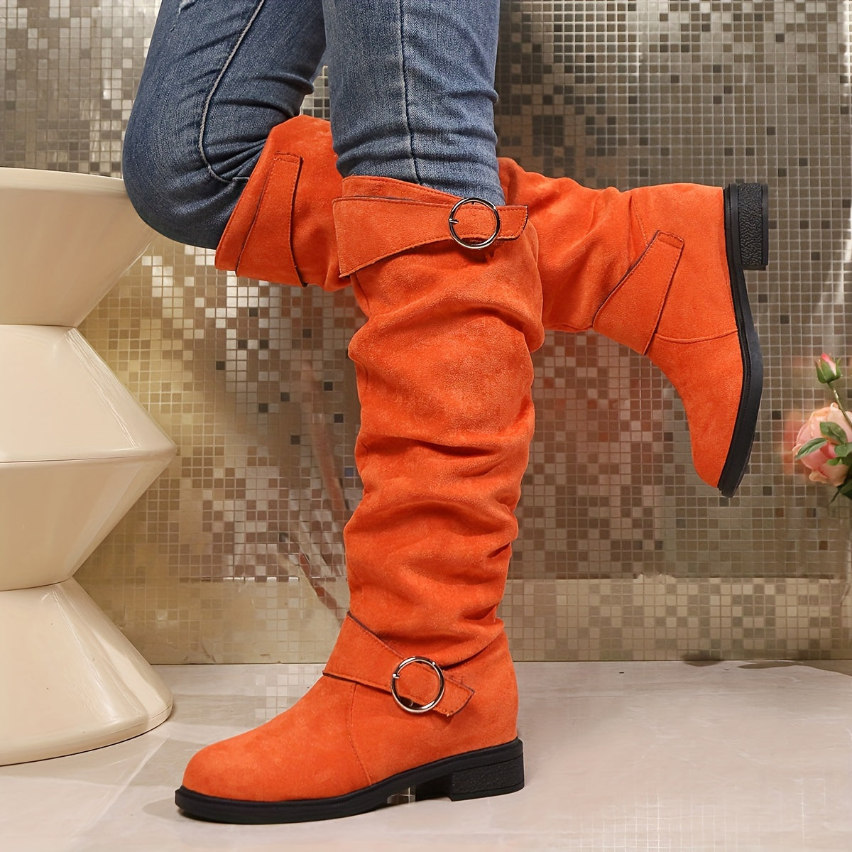 Trendy Solid Color Boots - Knee-High, Buckle Belt, Pull On, Chunky Heel, High Knee, Winter, Round Toe, Slouchy, Comfortable Boots for Women - LuxyXO