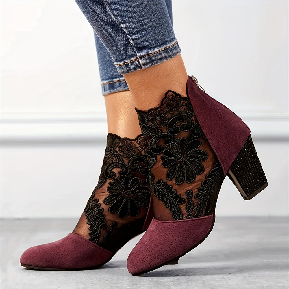 Stunning Floral Lace Ankle Boots - Chic Pointed Toe, Chunky High Heel, Versatile, Fashionable, Comfortable, and Perfect for Various Occasions - Ideal for Women Who Want to Elevate Their Style - LuxyXO