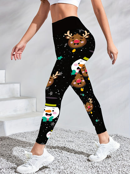 Women'S High-Waisted Yoga Leggings, Christmas Cartoon Snowman & Reindeer Print, Quick-Dry Breathable Fabric, Stretchy Polyester, Color Block Detail, Regular Fit, All-Season Fitness Wear