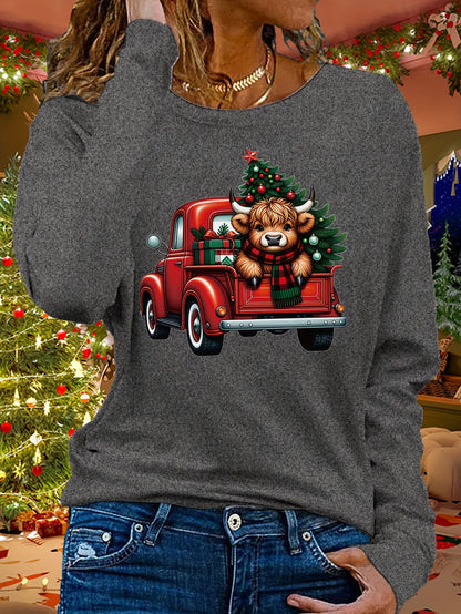 Casual Christmas Bear Applique Crew Neck Sweatshirt - 100% Polyester Knit Fabric with Medium Stretch, Long Sleeve Pullover for Fall