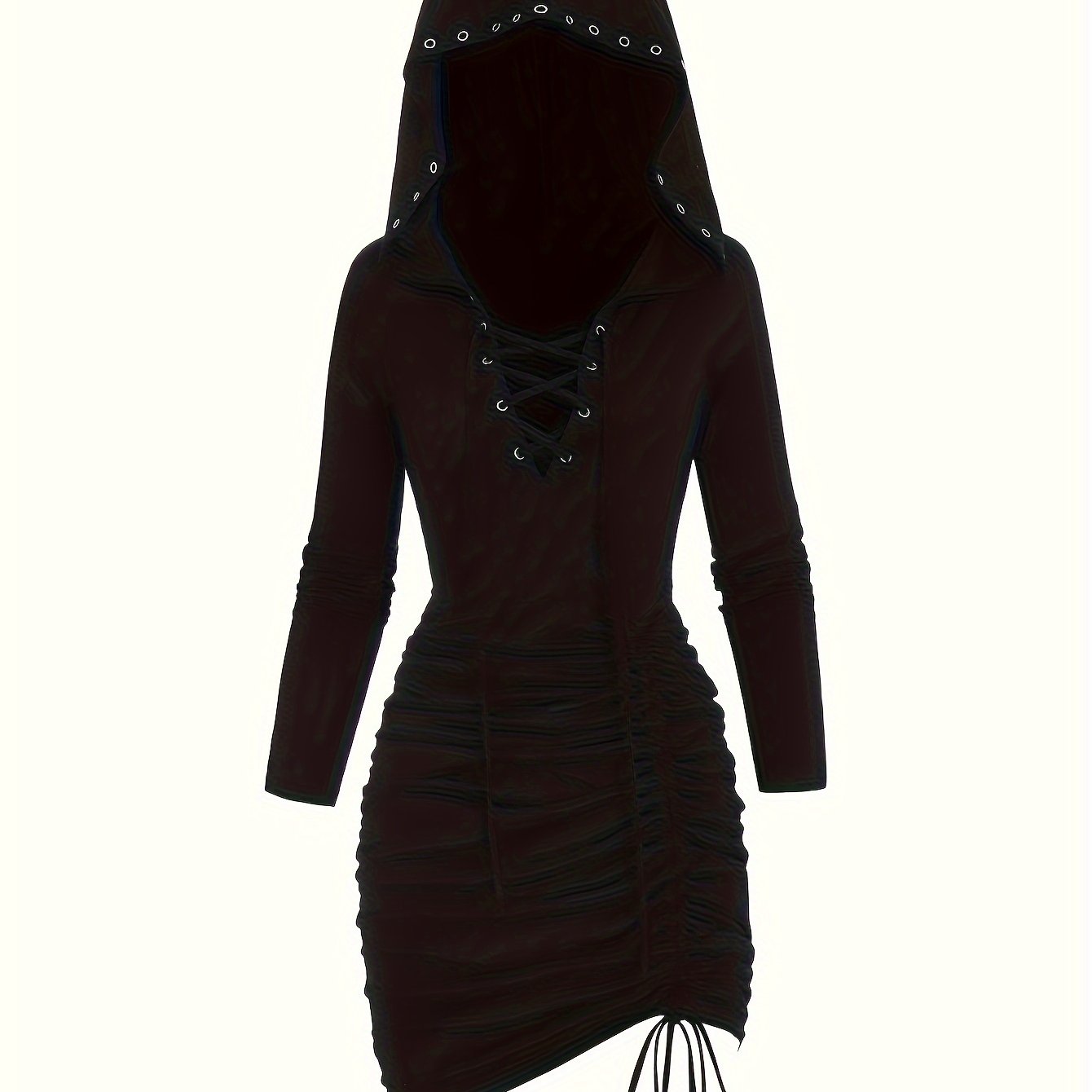 Y2K-Inspired Gothic Hooded Mini Dress - Solid Color, Ruched & Slim Fit with Drawstring Detail, Machine Washable - Perfect for Spring/Fall