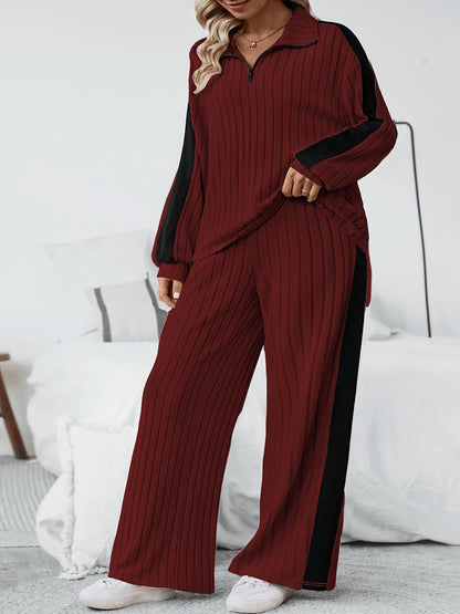 Plus Size Side Striped Ribbed Sweatshirt Set, Casual Half Zip Long Sleeve Sweatshirt & Wide Leg Pants Outfit