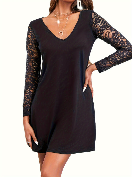 Plus Size Lace Stitching Slim Dress, Casual Long Sleeve Dress For Spring & Summer, Women's Plus Size Clothing