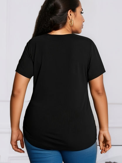 Camiseta de mujer de talla grande con dobladillo curvo: diseño favorecedor con abertura lateral, estilo clásico de cuello redondo, manga corta cómoda, perfecta para ocasiones informales