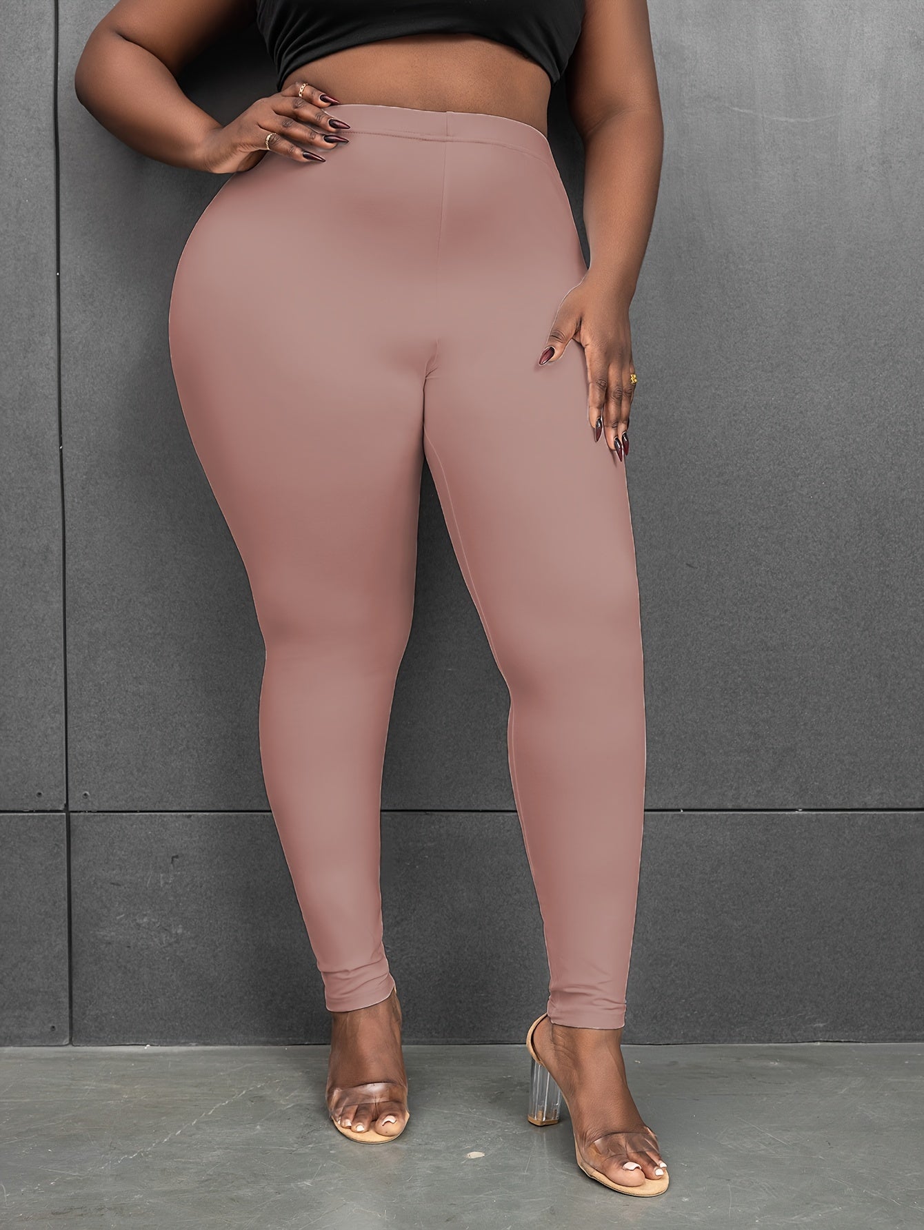 Plus Size Basic Leggings, Solid Elastic High Rise High Stretch