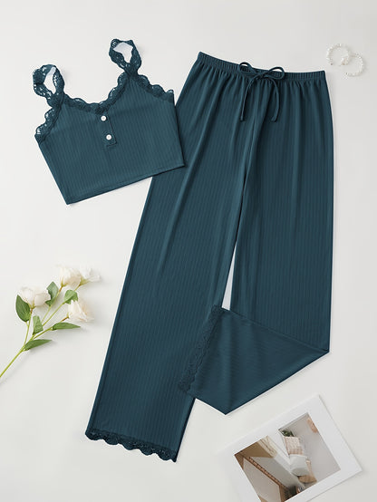 Women's Elegant Lounge Set | All-Season V-Neck Cami & Long Lace-Up Pants | Durable & Versatile Casual Wear