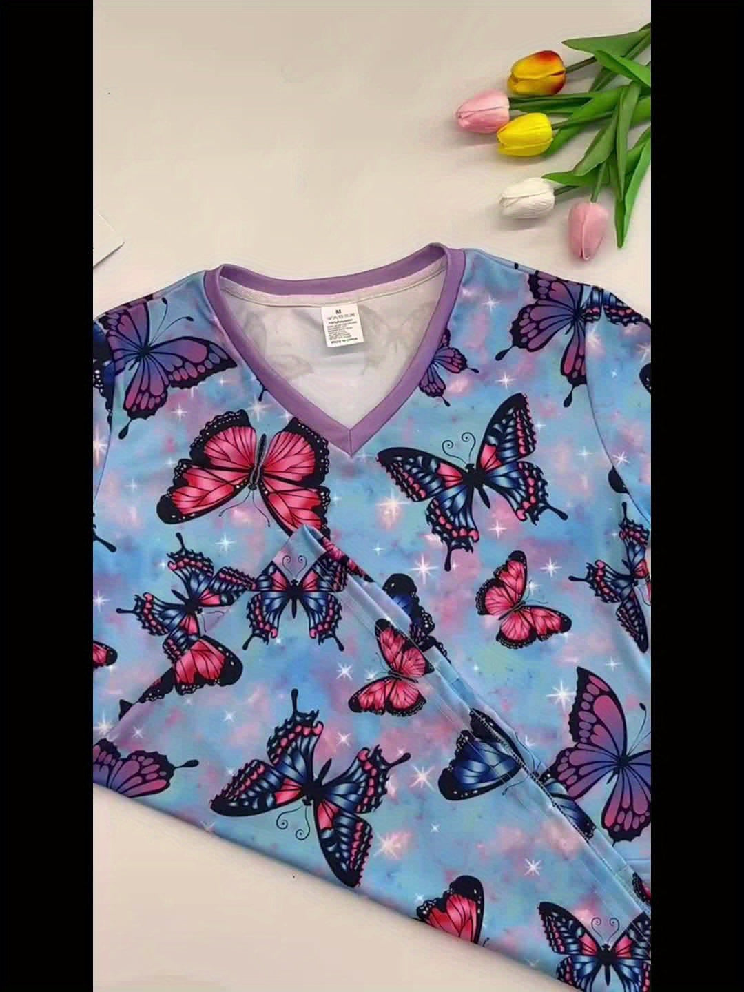 Women's Butterfly Print V-Neck Medical Scrub Top with Functional Pockets - Casual Polyester Healthcare Uniform