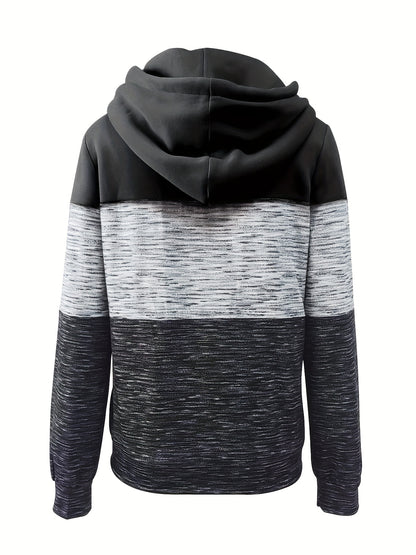 Sudadera con capucha y cremallera para todas las estaciones para mujer: sudadera informal de punto de manga larga con diseño de bloques de colores moderno