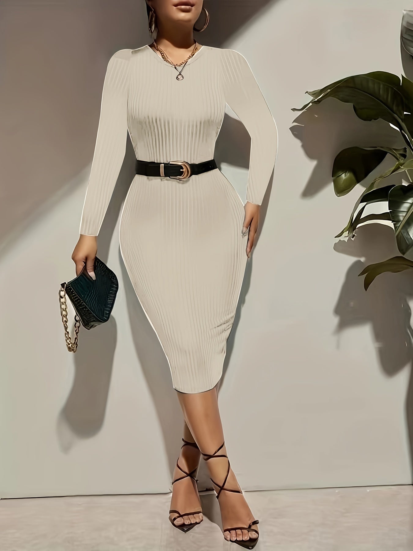 Vestido ajustado de canalé con textura rica: escote redondo clásico elegante y sin esfuerzo, mangas largas cómodas, silueta ajustada y elegante: perfecto para damas, ropa de mujer