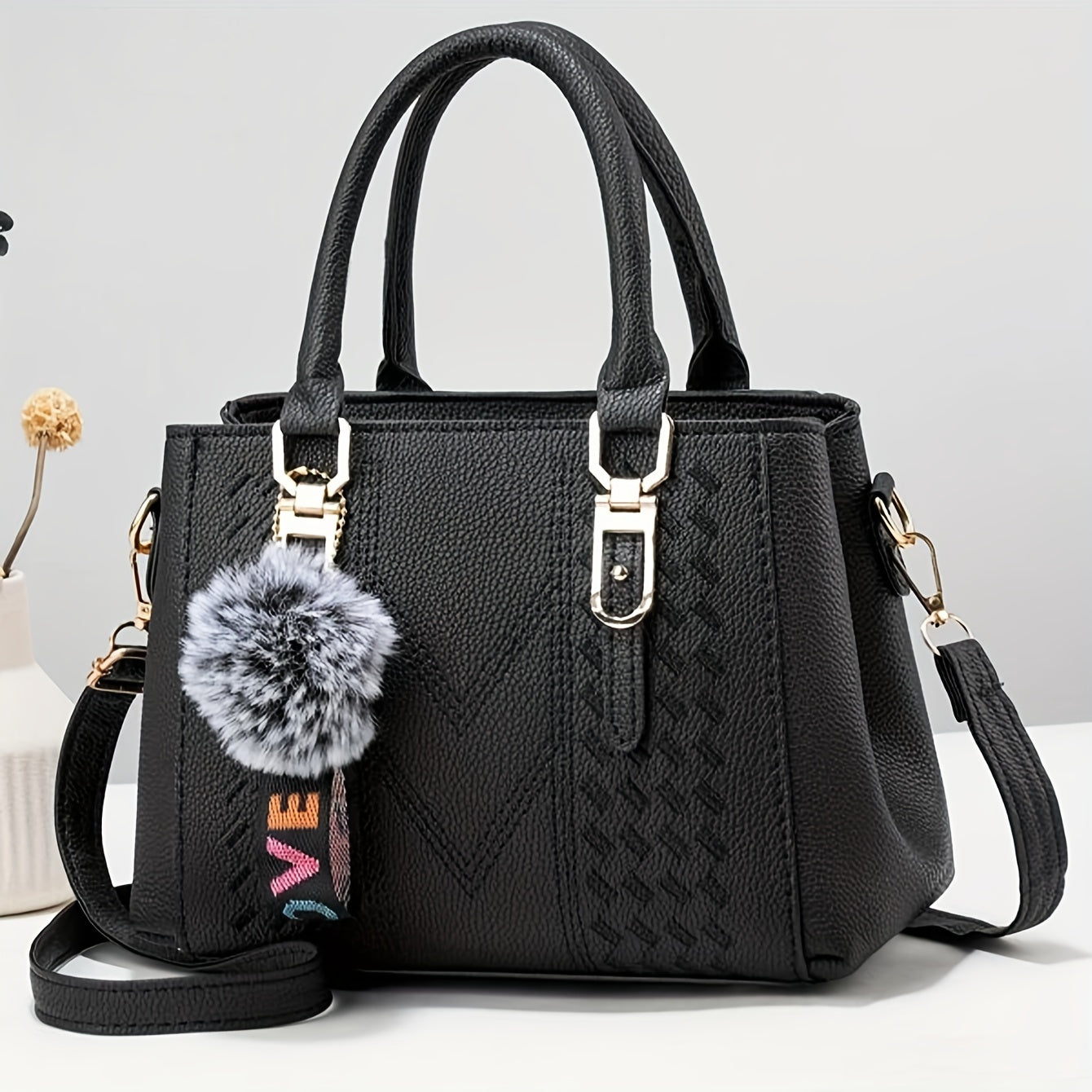 Elegant Women's Fashion Tote Bag With Pom-Pom Charm, Embroidered Faux Leather Handbag