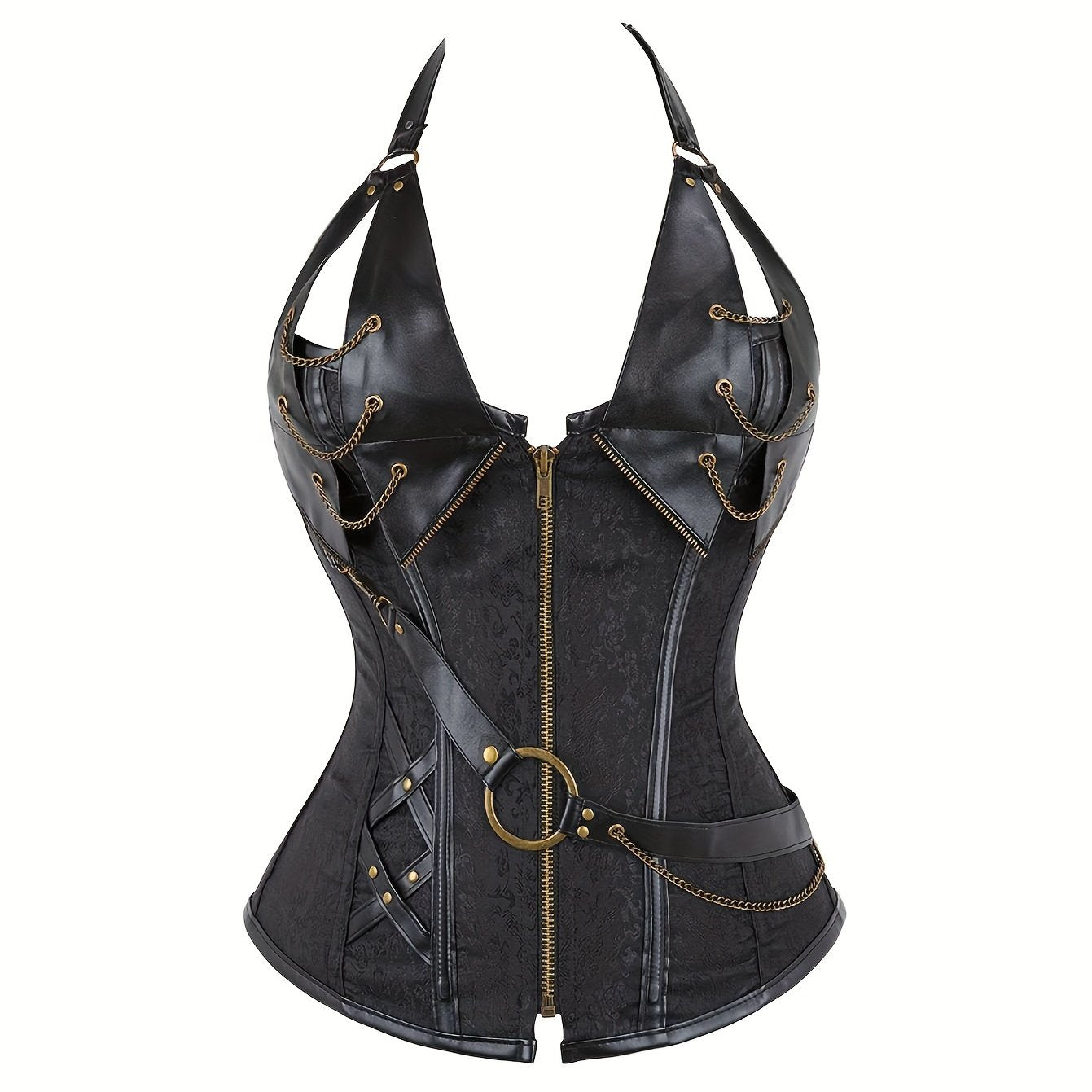 Gothic Steampunk Corset for Women, Faux Leather Queen Costume with Steel Boning, Metallic Punk Waist Cincher, Performance & Court Shaping Outfit For Fall & Winter