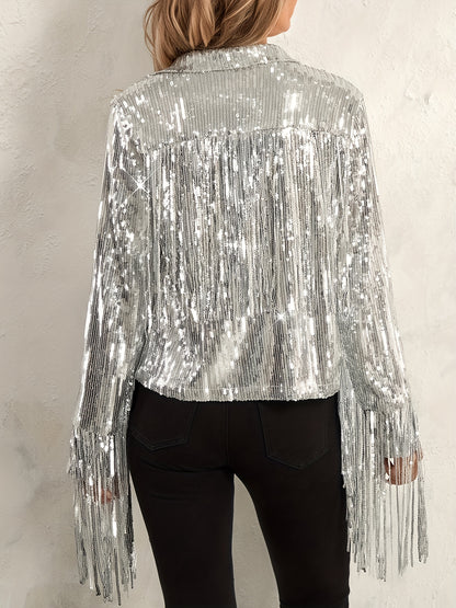 Women's Plus Size Sequin Party Jackets Trendy Sparkly Long Sleeve Open Front Tassel Jackets Clubwear
