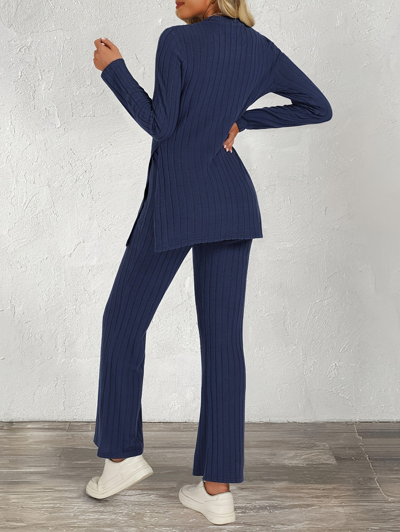 Trendy Two-Piece Ribbed Pantsuit Set - Long Sleeve Crew Neck Split Top & Strait Pants Outfit