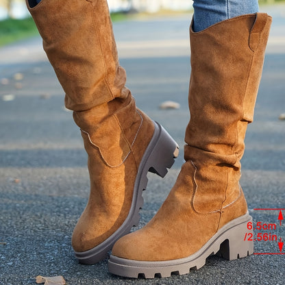 [1 pieza de botas de media pantorrilla para mujer] Botas de media pantorrilla para mujer, de color sólido, sin cordones, con punta redonda, tacón de bloque, parte superior de tela, suela interior, tacón alto, suela de goma