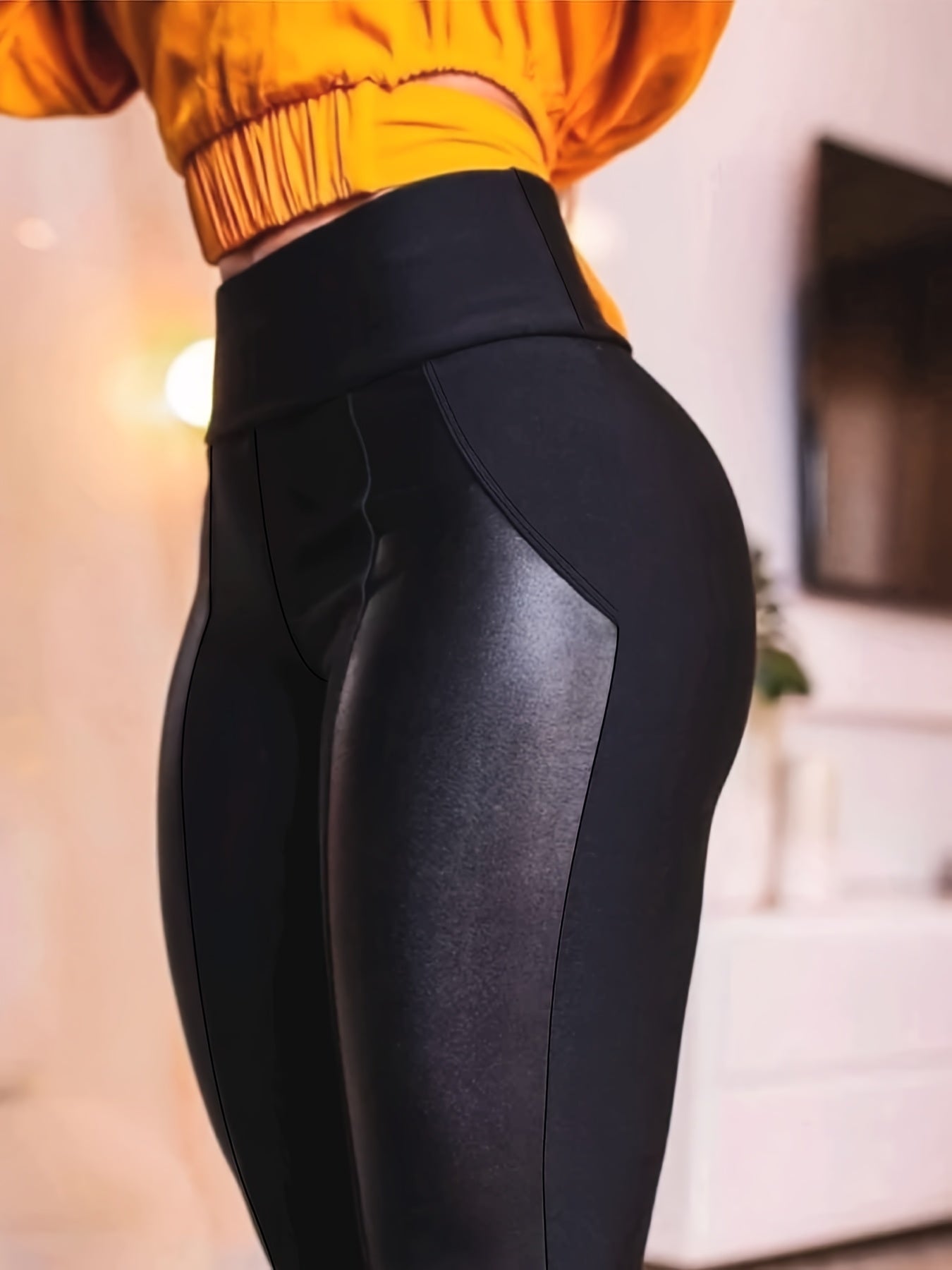 Stretchy Casual Pants, Solid Color, Elastic Waist, Comfortable for Daily Wear and Outdoor Commuting, Knit Fabric, Faux Leather, Versatile, Tight-fitting, Bottoming