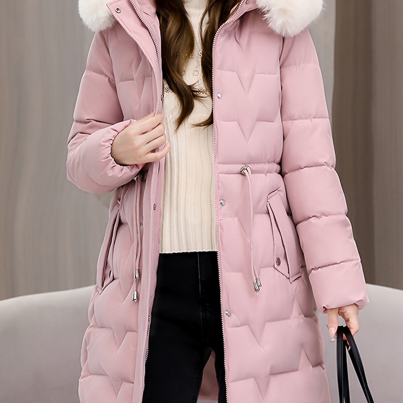 Elegant Women's Winter Coat with Detachable Hood - Long, Warm Puffer Jacket with Faux Fur Trim & Drawstring Waist