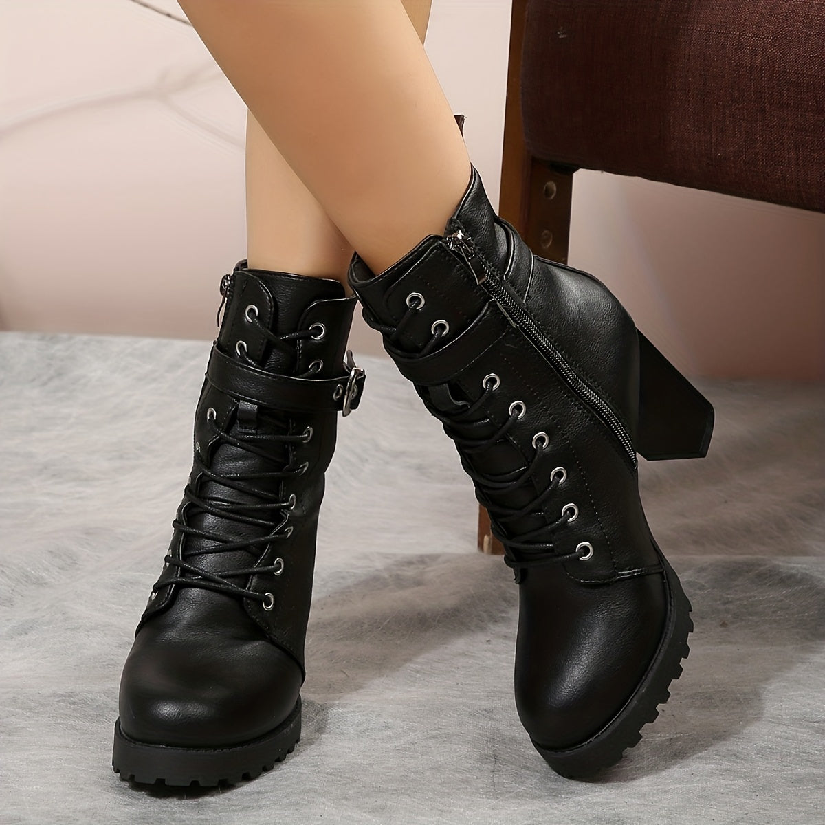 Chic & Comfy Solid Color Boots with Easy Zip-Up, Trendy Chunky Heel, and Round Toe - Perfect for Everyday Elegance & Stability - LuxyXO