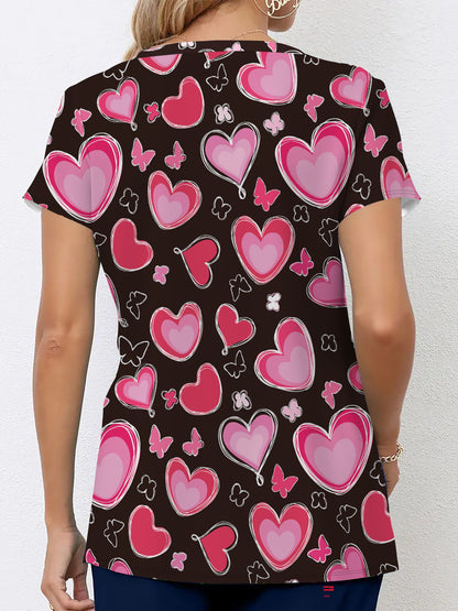 Heart Print V Neck Tops, Elegant Short Sleeve Patched Pockets Top For Medical Care, Women's Clothing